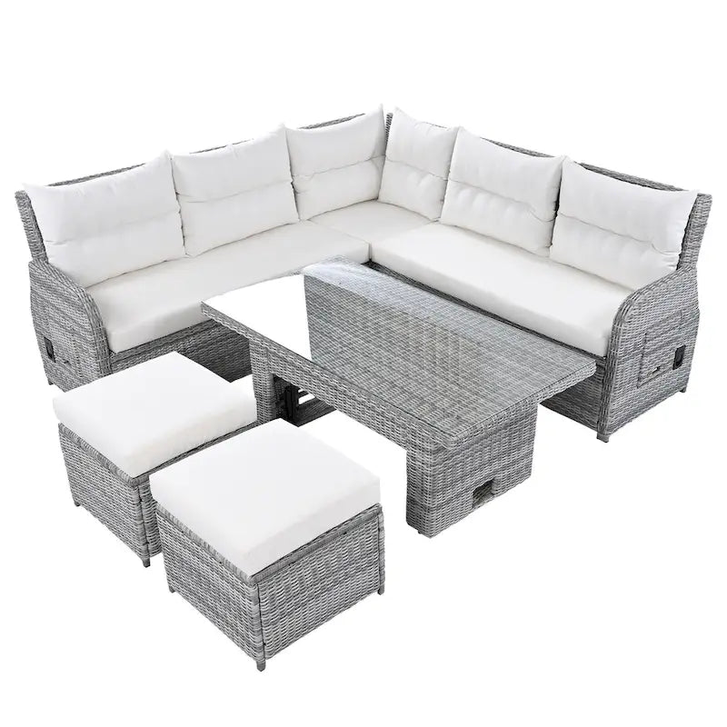 Ensemble de canapés modulaires en rotin pour terrasse extérieure avec table à hauteur réglable et 2 sièges inclinables, tables d'appoint extensibles