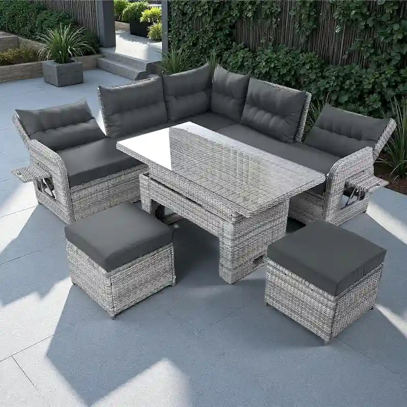 Ensemble de canapés modulaires en rotin pour terrasse extérieure avec table à hauteur réglable et 2 sièges inclinables, tables d'appoint extensibles