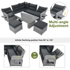 Ensemble de canapés modulaires en rotin pour terrasse extérieure avec table à hauteur réglable et 2 sièges inclinables, tables d'appoint extensibles