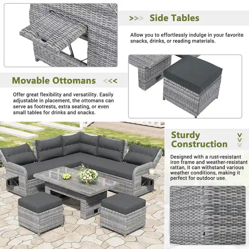 Ensemble de canapés modulaires en rotin pour terrasse extérieure avec table à hauteur réglable et 2 sièges inclinables, tables d'appoint extensibles