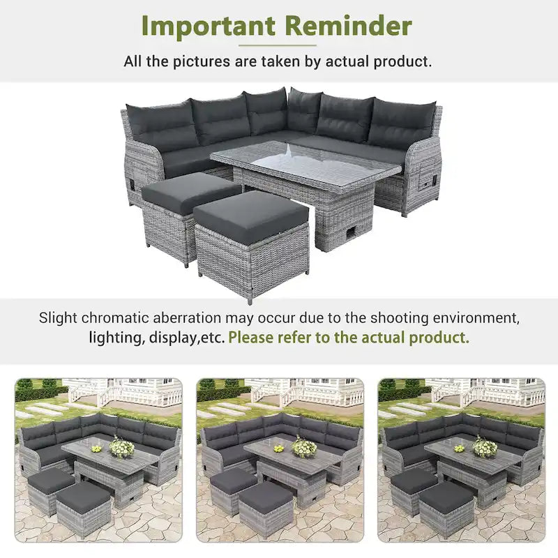 Ensemble de canapés modulaires en rotin pour terrasse extérieure avec table à hauteur réglable et 2 sièges inclinables, tables d'appoint extensibles