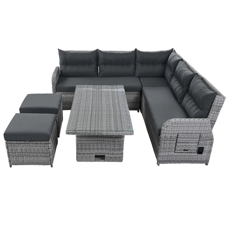 Ensemble de canapés modulaires en rotin pour terrasse extérieure avec table à hauteur réglable et 2 sièges inclinables, tables d'appoint extensibles