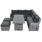 Ensemble de canapés modulaires en rotin pour terrasse extérieure avec table à hauteur réglable et 2 sièges inclinables, tables d'appoint extensibles