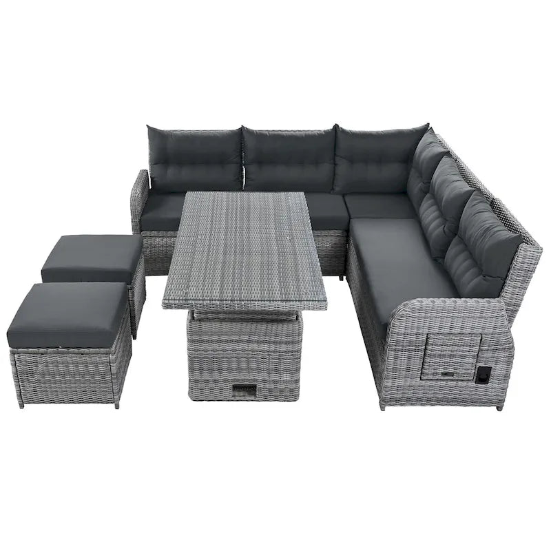Ensemble de canapés modulaires en rotin pour terrasse extérieure avec table à hauteur réglable et 2 sièges inclinables, tables d'appoint extensibles