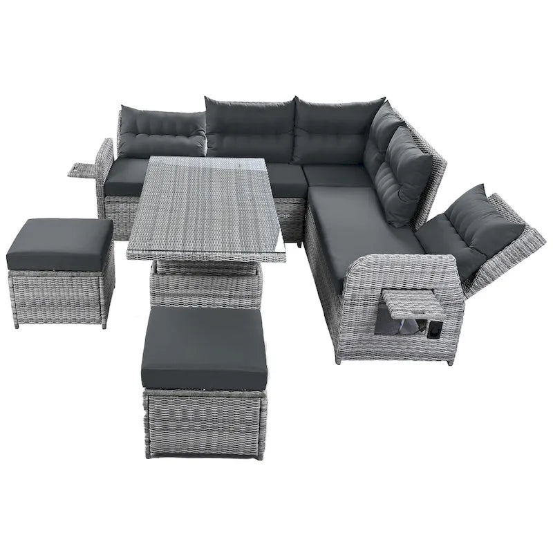 Ensemble de canapés modulaires en rotin pour terrasse extérieure avec table à hauteur réglable et 2 sièges inclinables, tables d'appoint extensibles