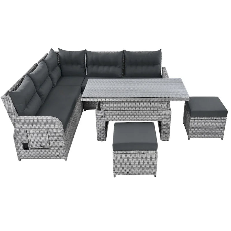 Ensemble de canapés modulaires en rotin pour terrasse extérieure avec table à hauteur réglable et 2 sièges inclinables, tables d'appoint extensibles
