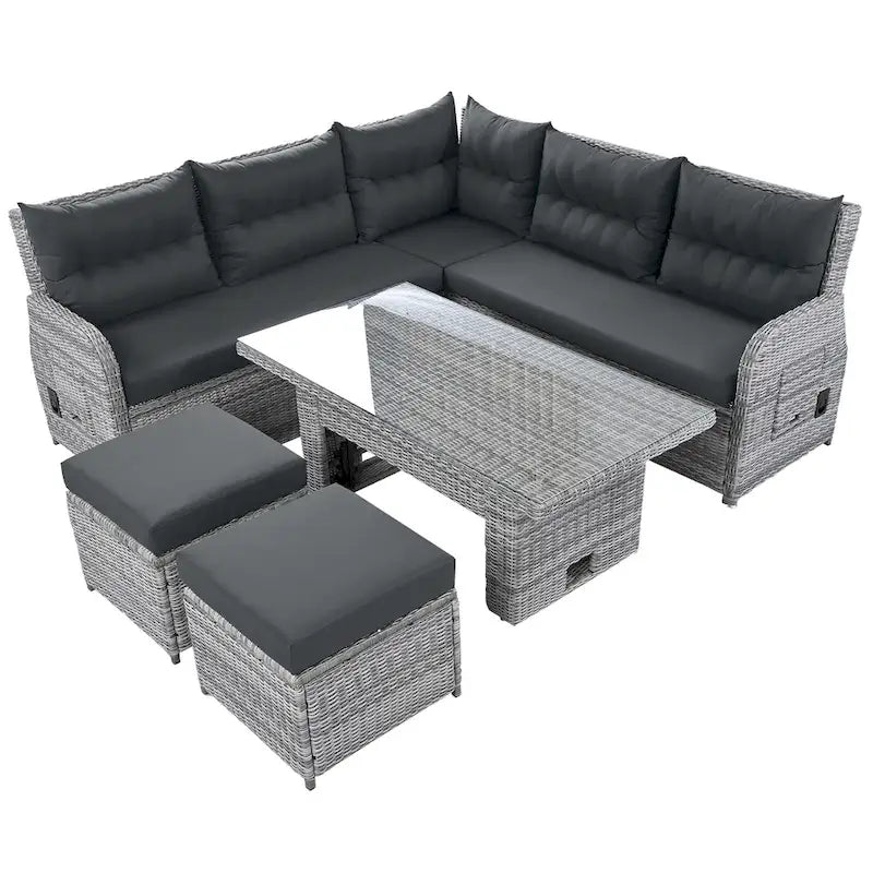 Ensemble de canapés modulaires en rotin pour terrasse extérieure avec table à hauteur réglable et 2 sièges inclinables, tables d'appoint extensibles