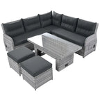 Ensemble de canapés modulaires en rotin pour terrasse extérieure avec table à hauteur réglable et 2 sièges inclinables, tables d'appoint extensibles
