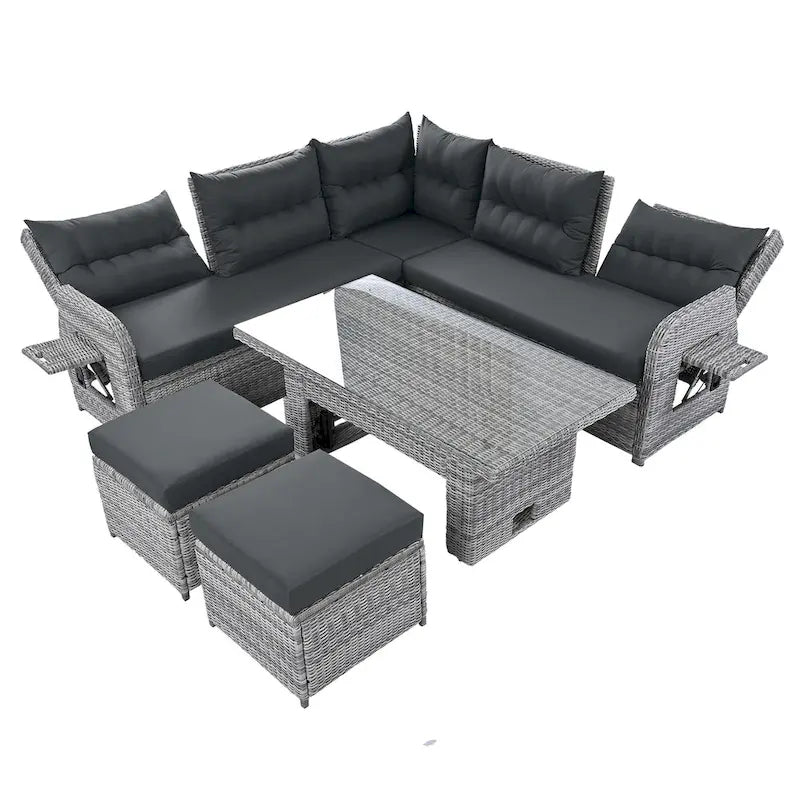 Ensemble de canapés modulaires en rotin pour terrasse extérieure avec table à hauteur réglable et 2 sièges inclinables, tables d'appoint extensibles