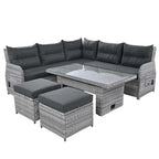 Ensemble de canapés modulaires en rotin pour terrasse extérieure avec table à hauteur réglable et 2 sièges inclinables, tables d'appoint extensibles
