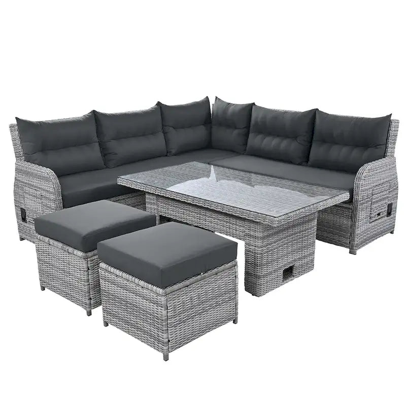Ensemble de canapés modulaires en rotin pour terrasse extérieure avec table à hauteur réglable et 2 sièges inclinables, tables d'appoint extensibles