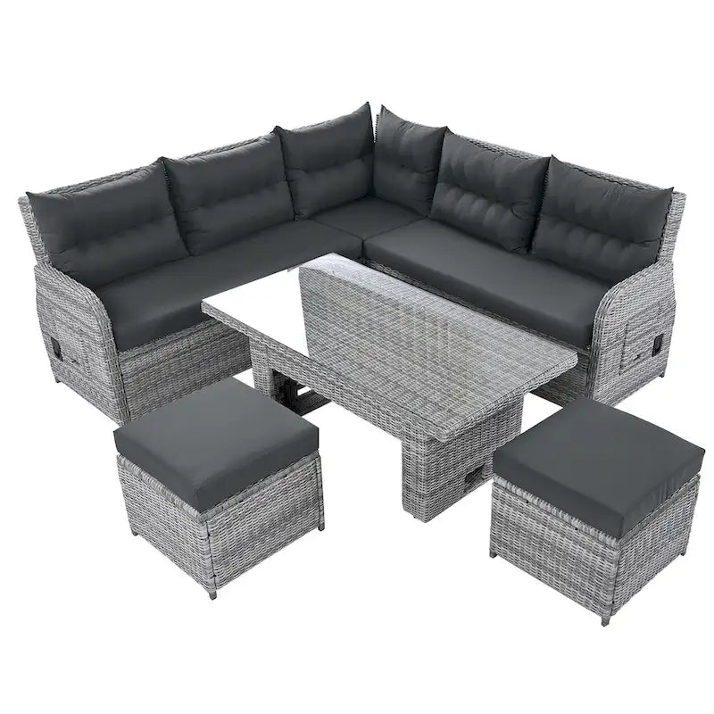 Ensemble de canapés modulaires en rotin pour terrasse extérieure avec table à hauteur réglable et 2 sièges inclinables, tables d'appoint extensibles
