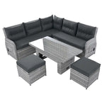 Ensemble de canapés modulaires en rotin pour terrasse extérieure avec table à hauteur réglable et 2 sièges inclinables, tables d'appoint extensibles