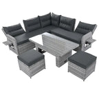 Ensemble de canapés modulaires en rotin pour terrasse extérieure avec table à hauteur réglable et 2 sièges inclinables, tables d'appoint extensibles