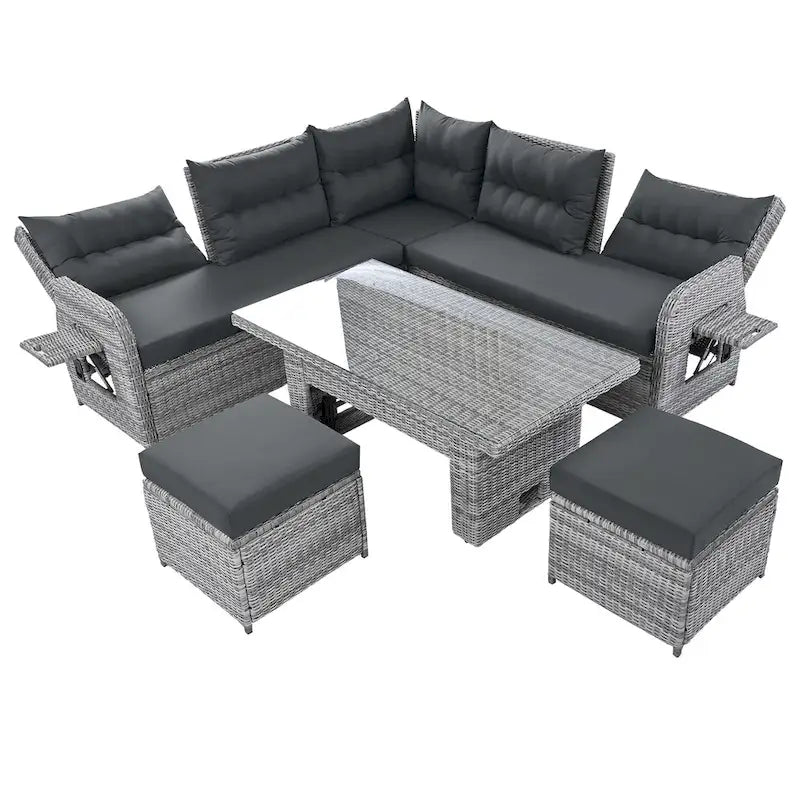 Ensemble de canapés modulaires en rotin pour terrasse extérieure avec table à hauteur réglable et 2 sièges inclinables, tables d'appoint extensibles