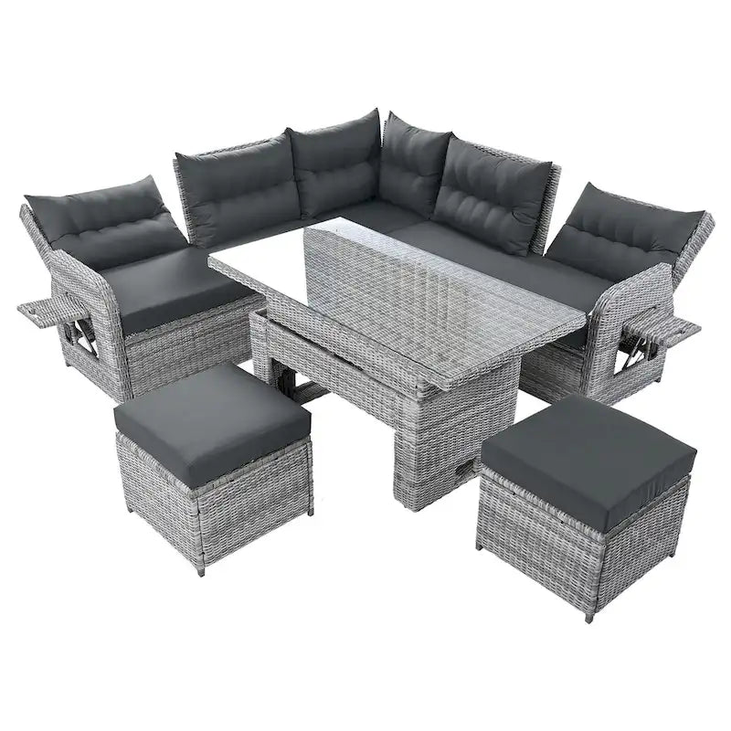 Ensemble de canapés modulaires en rotin pour terrasse extérieure avec table à hauteur réglable et 2 sièges inclinables, tables d'appoint extensibles