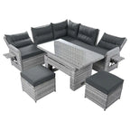 Ensemble de canapés modulaires en rotin pour terrasse extérieure avec table à hauteur réglable et 2 sièges inclinables, tables d'appoint extensibles