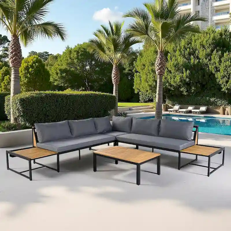 Ensemble de canapé d'angle en fer de 4 pièces pour patio extérieur avec table basse et étagère de rangement latérale