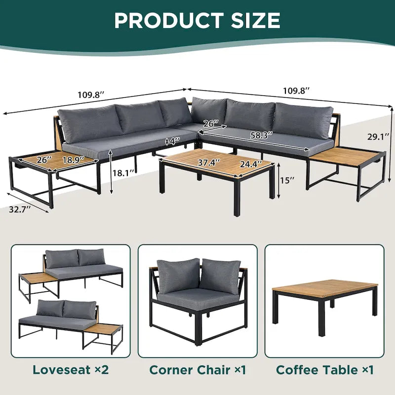 Ensemble de canapé d'angle en fer de 4 pièces pour patio extérieur avec table basse et étagère de rangement latérale