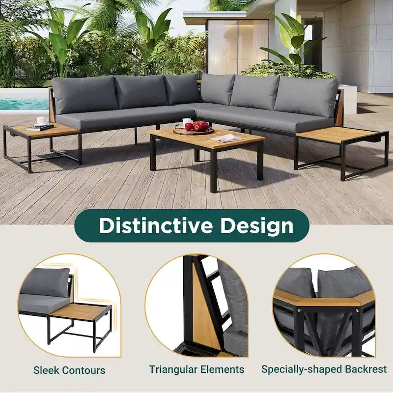 Ensemble de canapé d'angle en fer de 4 pièces pour patio extérieur avec table basse et étagère de rangement latérale