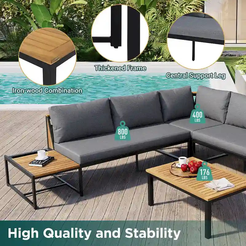 Ensemble de canapé d'angle en fer de 4 pièces pour patio extérieur avec table basse et étagère de rangement latérale