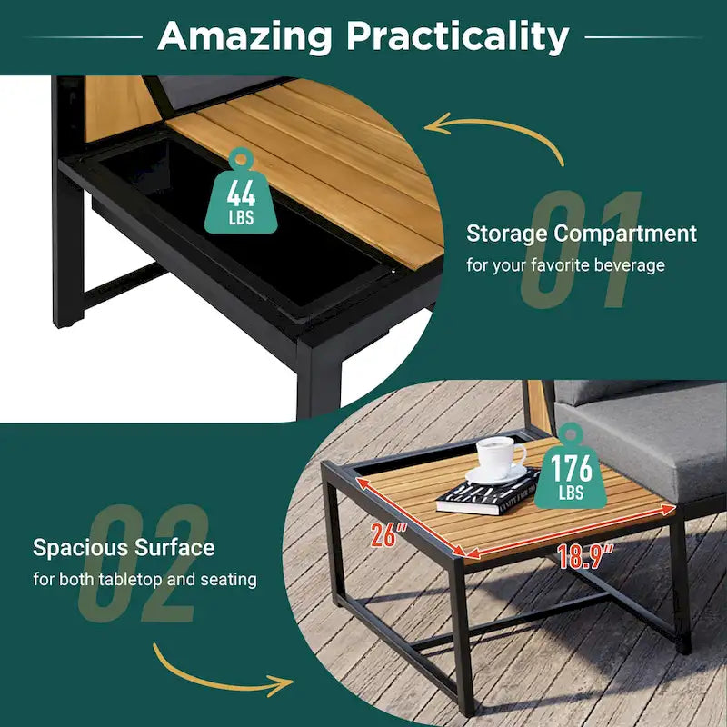 Ensemble de canapé d'angle en fer de 4 pièces pour patio extérieur avec table basse et étagère de rangement latérale