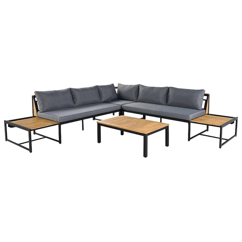 Ensemble de canapé d'angle en fer de 4 pièces pour patio extérieur avec table basse et étagère de rangement latérale