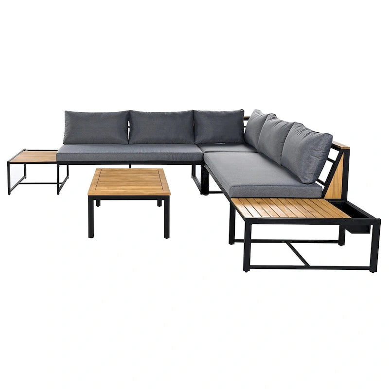 Ensemble de canapé d'angle en fer de 4 pièces pour patio extérieur avec table basse et étagère de rangement latérale
