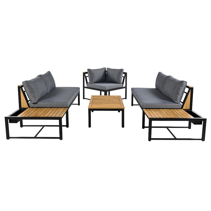 Ensemble de canapé d'angle en fer de 4 pièces pour patio extérieur avec table basse et étagère de rangement latérale