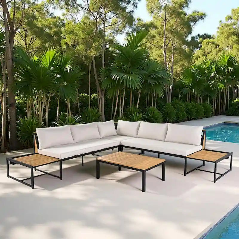 Ensemble de canapé d'angle en fer de 4 pièces pour patio extérieur avec table basse et étagère de rangement latérale