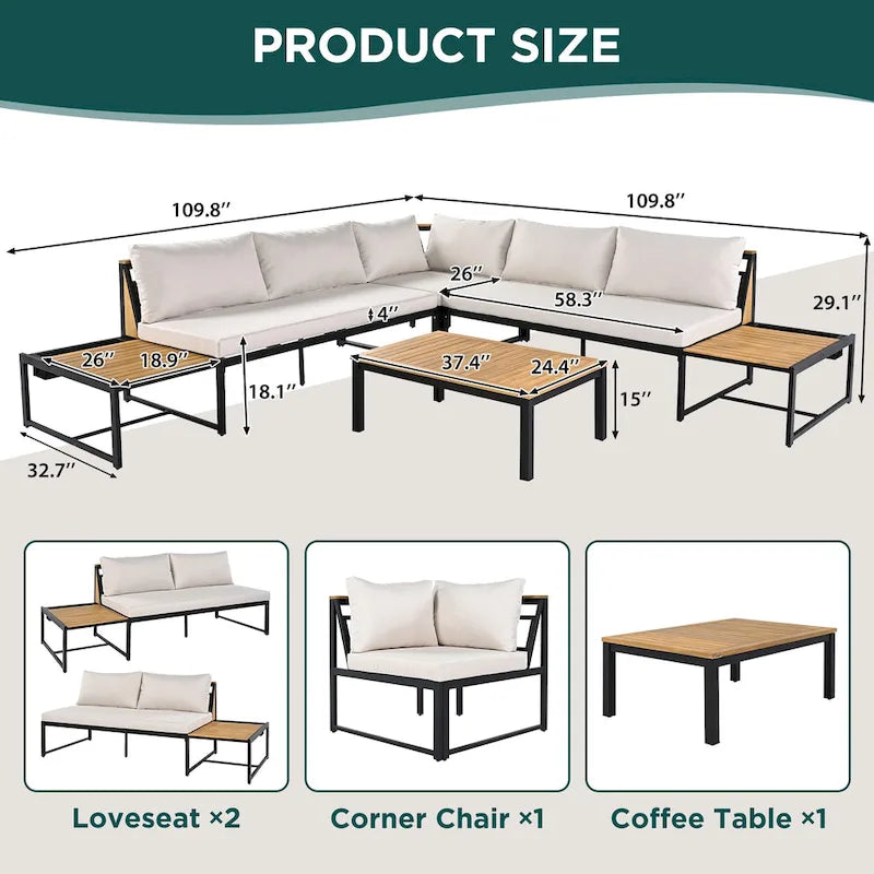 Ensemble de canapé d'angle en fer de 4 pièces pour patio extérieur avec table basse et étagère de rangement latérale