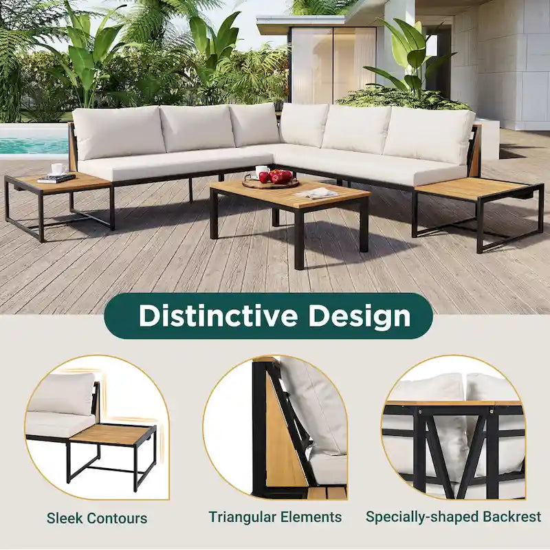 Ensemble de canapé d'angle en fer de 4 pièces pour patio extérieur avec table basse et étagère de rangement latérale