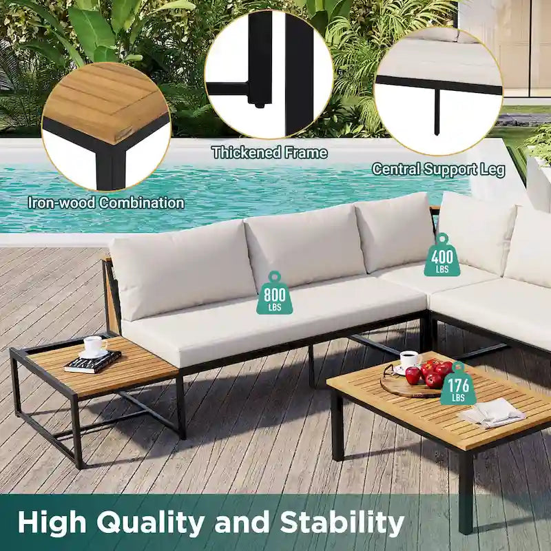 Ensemble de canapé d'angle en fer de 4 pièces pour patio extérieur avec table basse et étagère de rangement latérale
