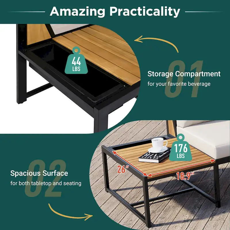 Ensemble de canapé d'angle en fer de 4 pièces pour patio extérieur avec table basse et étagère de rangement latérale