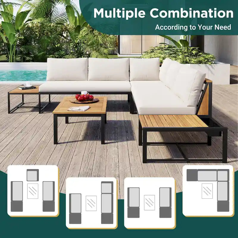Ensemble de canapé d'angle en fer de 4 pièces pour patio extérieur avec table basse et étagère de rangement latérale