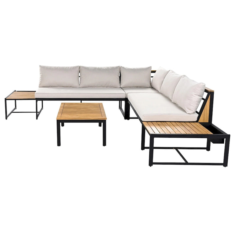 Ensemble de canapé d'angle en fer de 4 pièces pour patio extérieur avec table basse et étagère de rangement latérale