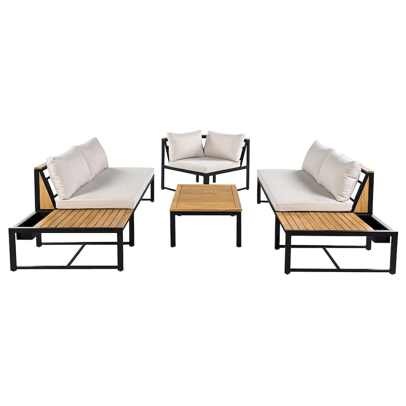 Ensemble de canapé d'angle en fer de 4 pièces pour patio extérieur avec table basse et étagère de rangement latérale