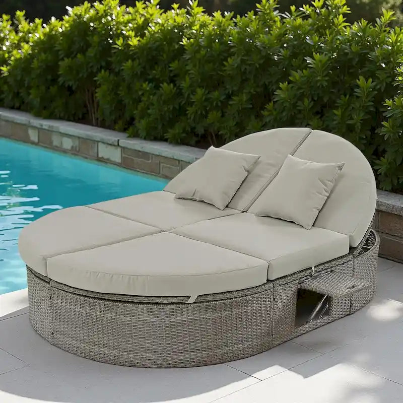 Lit de jour rond en rotin pour patio extérieur avec dossiers réglables et plateaux porte-gobelets pliables