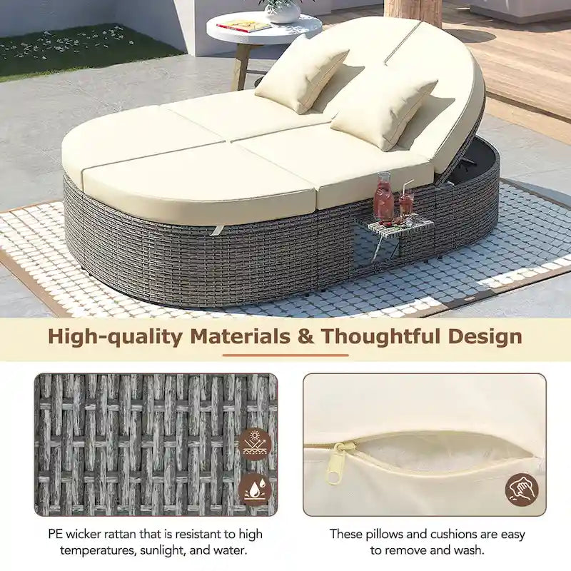 Lit de jour rond en rotin pour patio extérieur avec dossiers réglables et plateaux porte-gobelets pliables