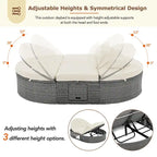 Lit de jour rond en rotin pour patio extérieur avec dossiers réglables et plateaux porte-gobelets pliables