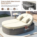 Lit de jour rond en rotin pour patio extérieur avec dossiers réglables et plateaux porte-gobelets pliables