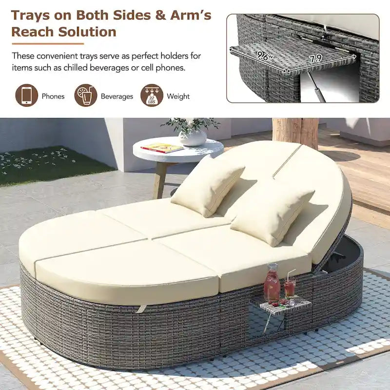 Lit de jour rond en rotin pour patio extérieur avec dossiers réglables et plateaux porte-gobelets pliables