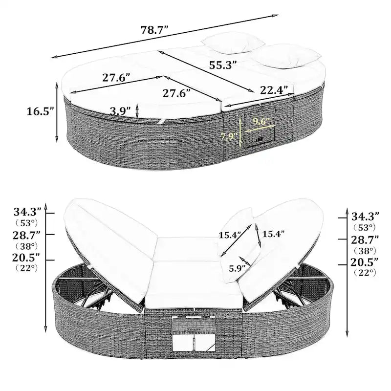Lit de jour rond en rotin pour patio extérieur avec dossiers réglables et plateaux porte-gobelets pliables