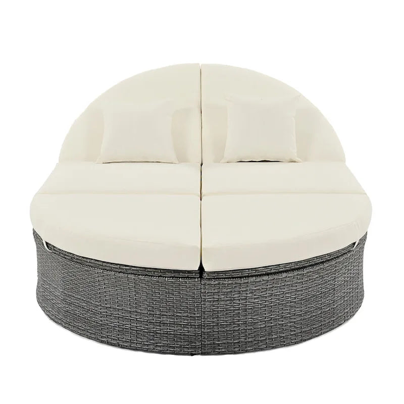 Lit de jour rond en rotin pour patio extérieur avec dossiers réglables et plateaux porte-gobelets pliables