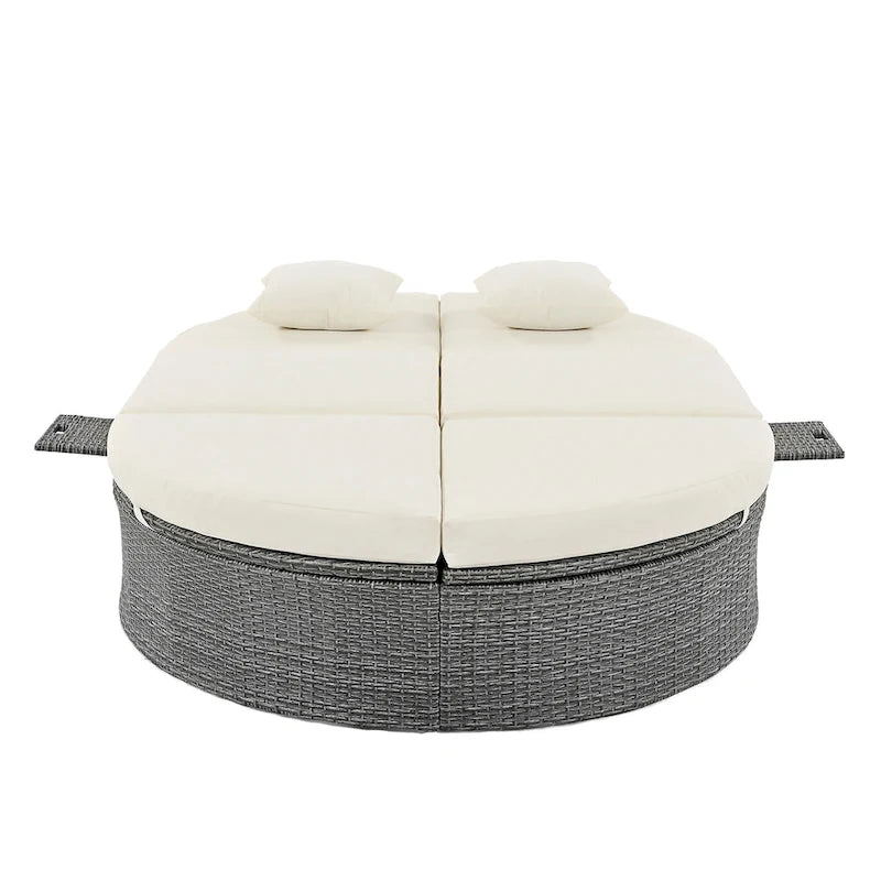 Lit de jour rond en rotin pour patio extérieur avec dossiers réglables et plateaux porte-gobelets pliables
