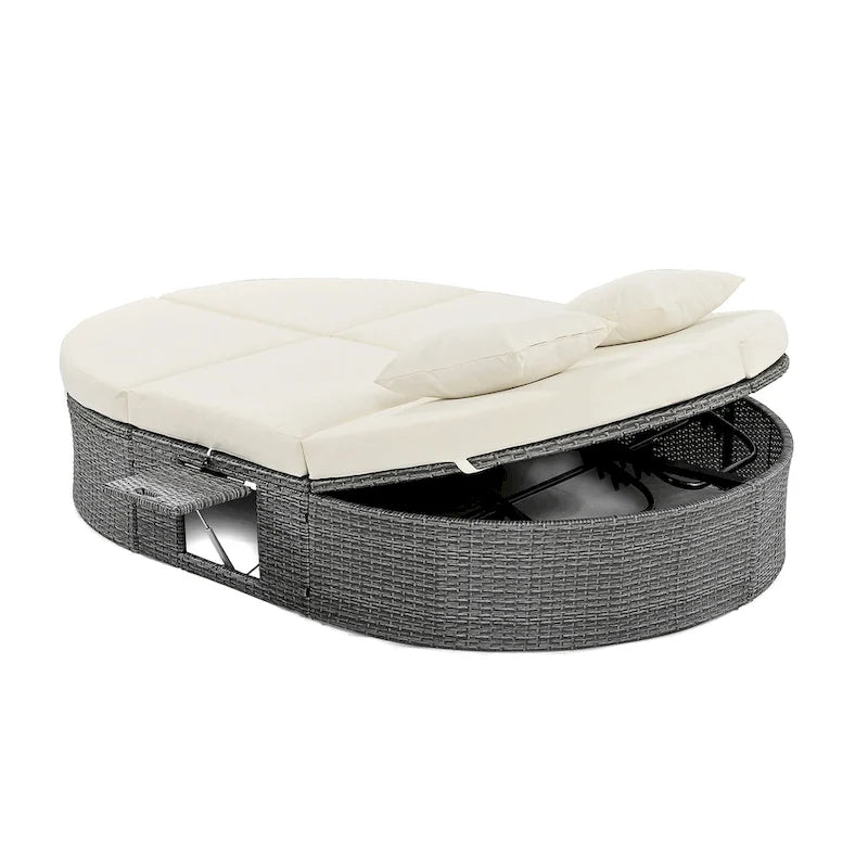 Lit de jour rond en rotin pour patio extérieur avec dossiers réglables et plateaux porte-gobelets pliables