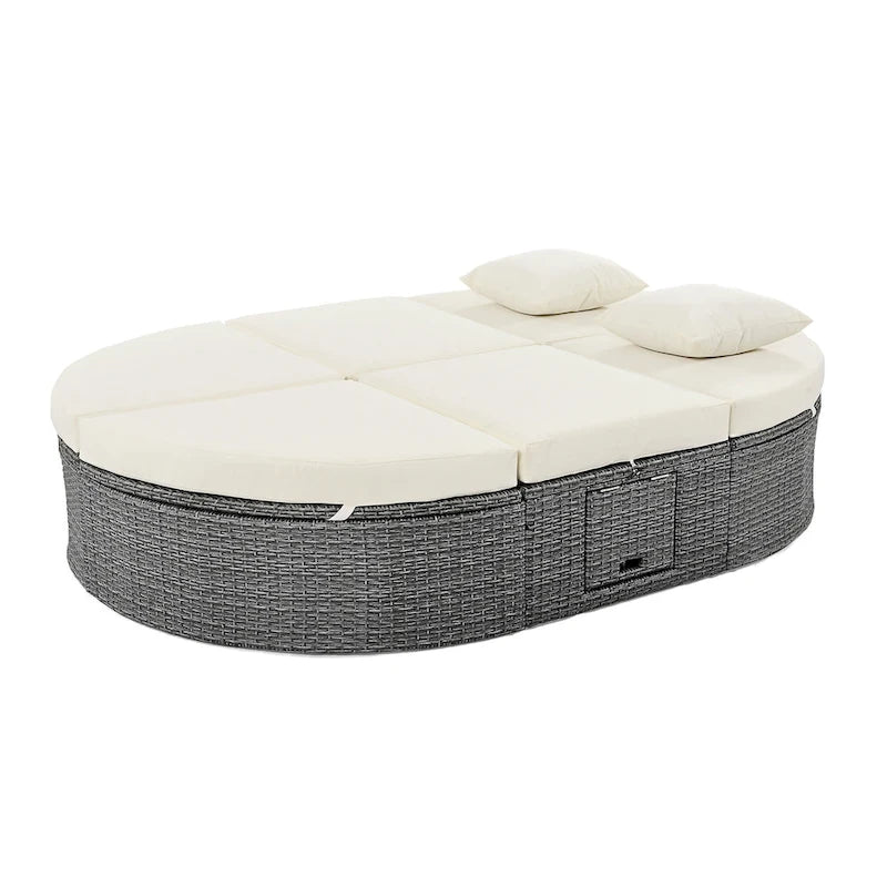 Lit de jour rond en rotin pour patio extérieur avec dossiers réglables et plateaux porte-gobelets pliables