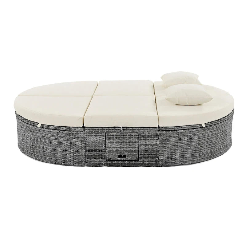 Lit de jour rond en rotin pour patio extérieur avec dossiers réglables et plateaux porte-gobelets pliables