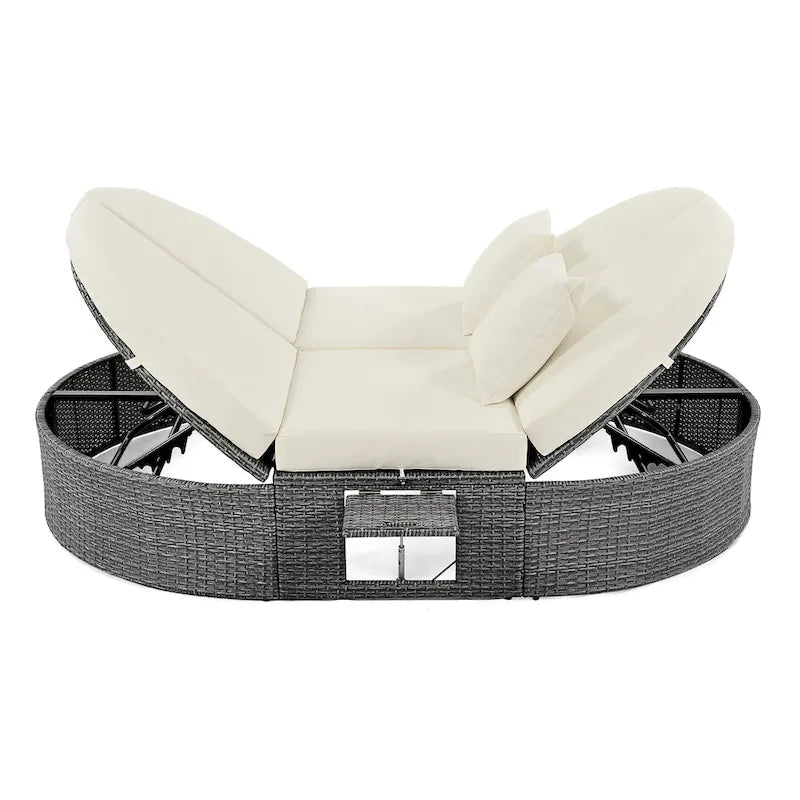 Lit de jour rond en rotin pour patio extérieur avec dossiers réglables et plateaux porte-gobelets pliables