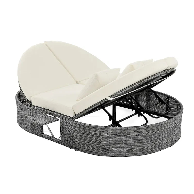 Lit de jour rond en rotin pour patio extérieur avec dossiers réglables et plateaux porte-gobelets pliables